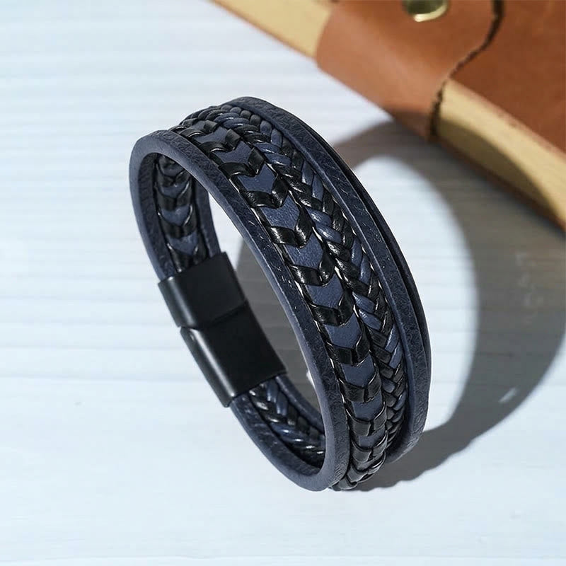 Western Men's Flat Braided Leather Magnetic Clasp Multi-layer Bracelet - Blue - 9.06" / 23cm - image 3