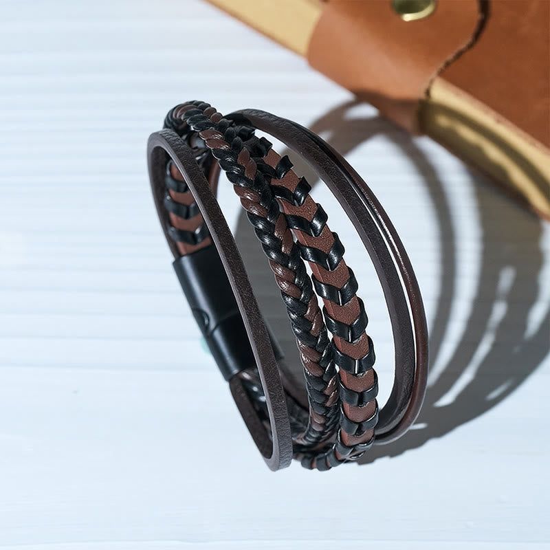 Western Men's Flat Braided Leather Magnetic Clasp Multi-layer Bracelet - image 4