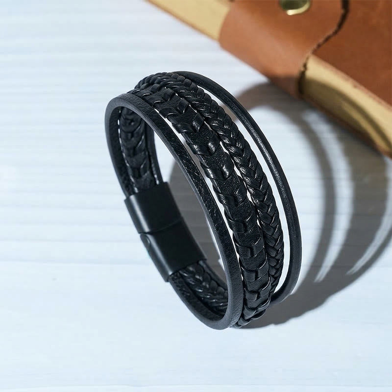 Western Men's Flat Braided Leather Magnetic Clasp Multi-layer Bracelet - Black - 23cm - image 2