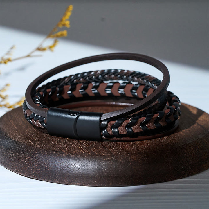 Western Men's Flat Braided Leather Magnetic Clasp Multi-layer Bracelet - image 7
