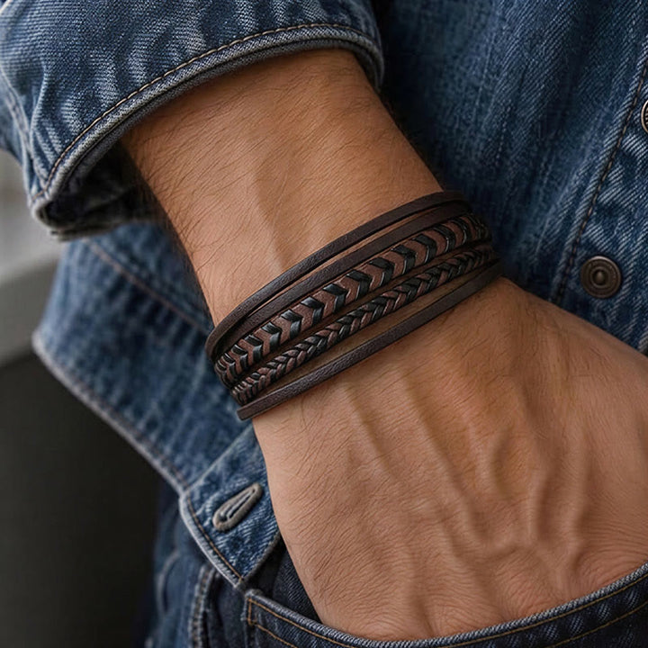Western Men's Flat Braided Leather Magnetic Clasp Multi-layer Bracelet - image 1