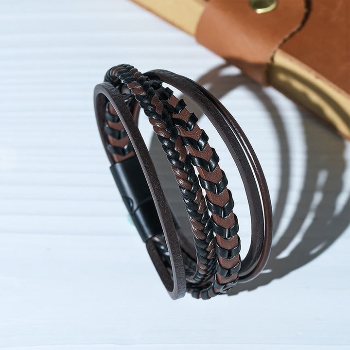 Western Men's Flat Braided Leather Magnetic Clasp Multi-layer Bracelet - Coffee - 9.06" / 23cm - image 4