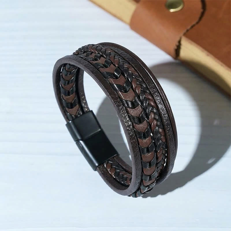 Western Men's Flat Braided Leather Magnetic Clasp Multi-layer Bracelet - Coffee - 7.48" / 19cm - image 0