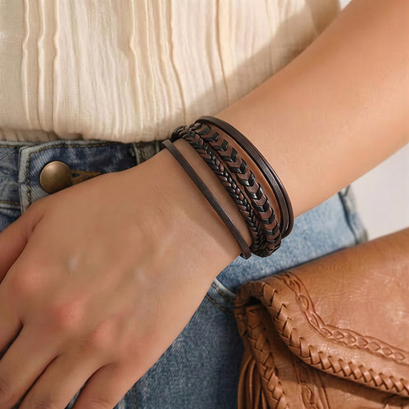 Western Men's Flat Braided Leather Magnetic Clasp Multi-layer Bracelet - image 5