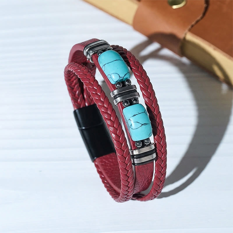 Western Braided Leather Turquoise Stone Accent Men's Bracelet - Red - 9.06" / 23cm - image 2