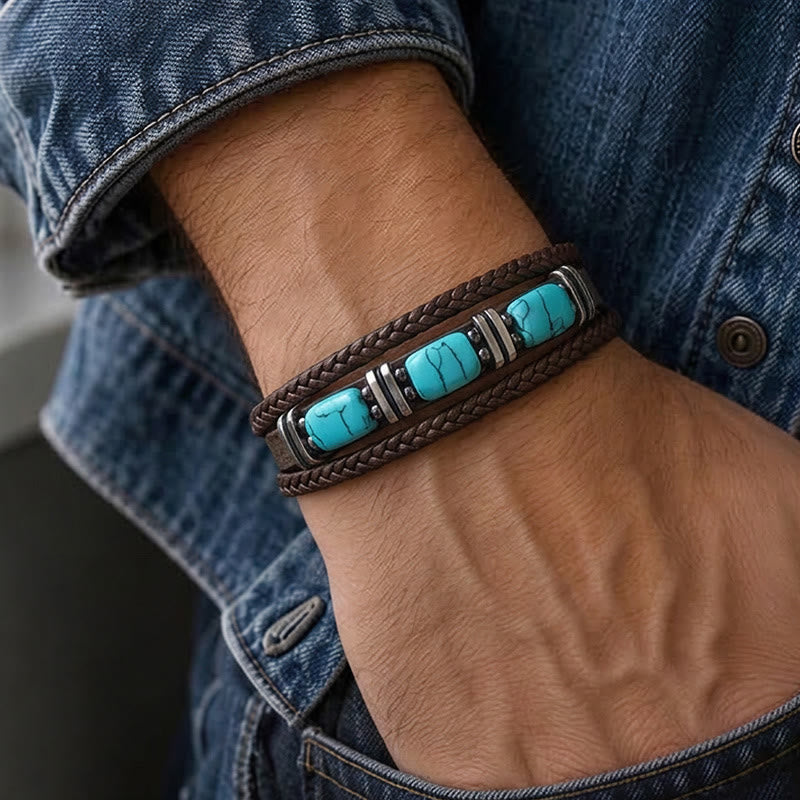 Western Braided Leather Turquoise Stone Accent Men's Bracelet - image 1