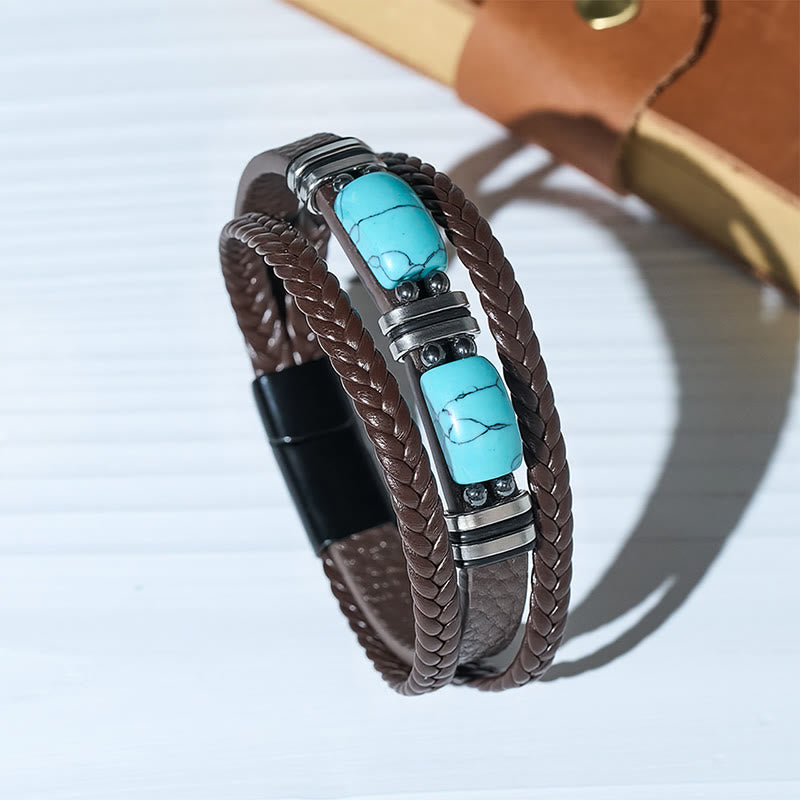 Western Braided Leather Turquoise Stone Accent Men's Bracelet - Brown - 9.06" / 23cm - image 0