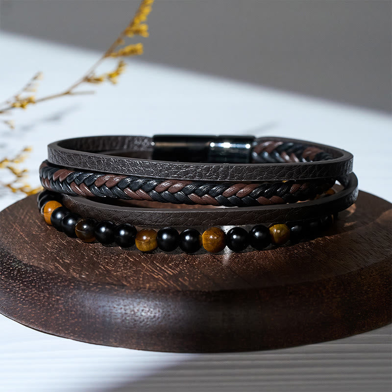 Men's Vintage Western Mixed Leather Lava Stone Multi-layer Bracelet - image 6