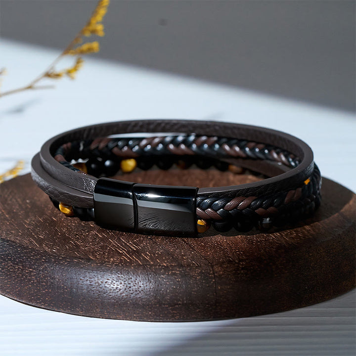 Men's Vintage Western Mixed Leather Lava Stone Multi-layer Bracelet - image 7