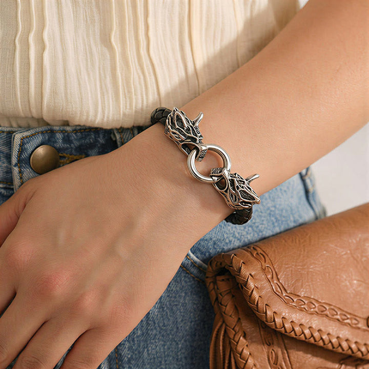 Men's Vintage Viking Braided Leather Dual Wolf Head Bracelet - image 2