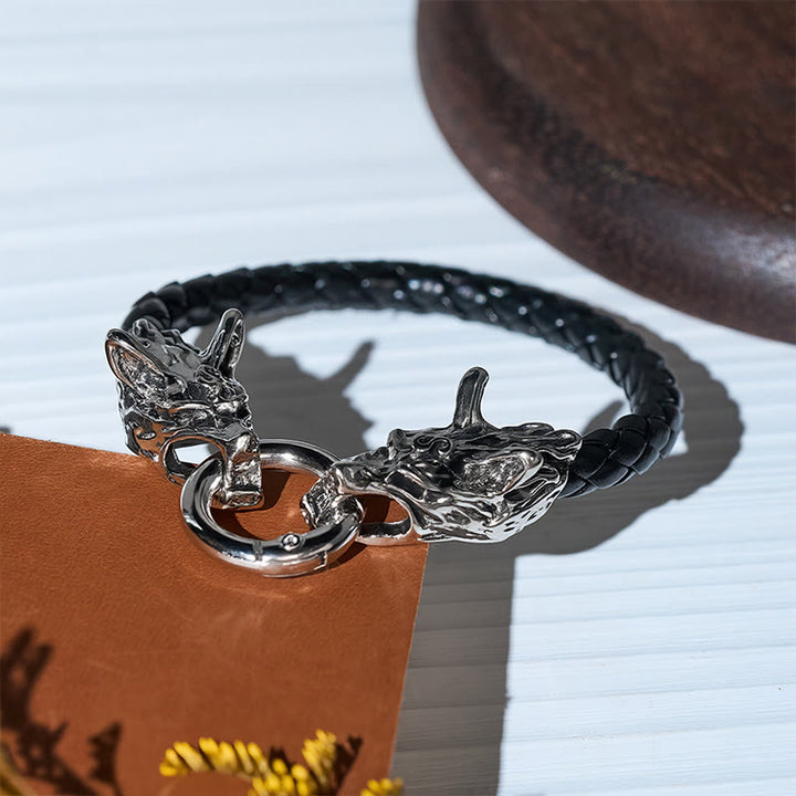 Men's Vintage Viking Braided Leather Dual Wolf Head Bracelet - image 3