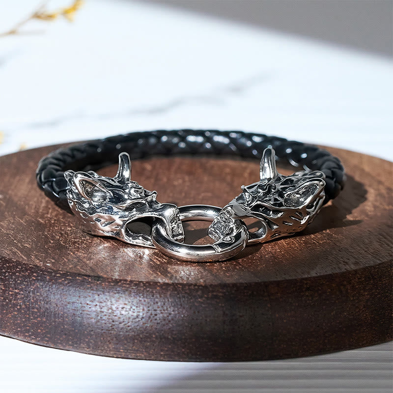 Men's Vintage Viking Braided Leather Dual Wolf Head Bracelet - 9.06" / 23cm - image 0