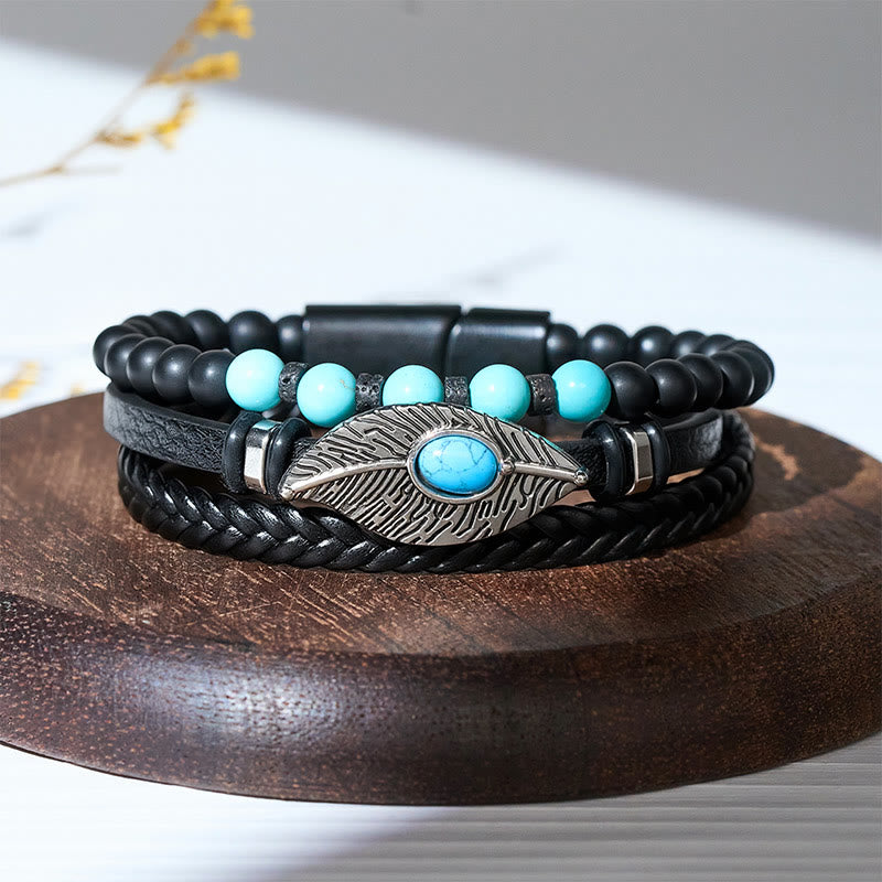 Men's Boho Western Leather Feather Gemstone Magnetic Bracelet - image 6
