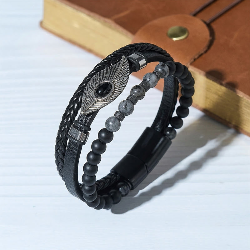Men's Boho Western Leather Feather Gemstone Magnetic Bracelet - Style#3 - 9.06" / 23cm - image 3