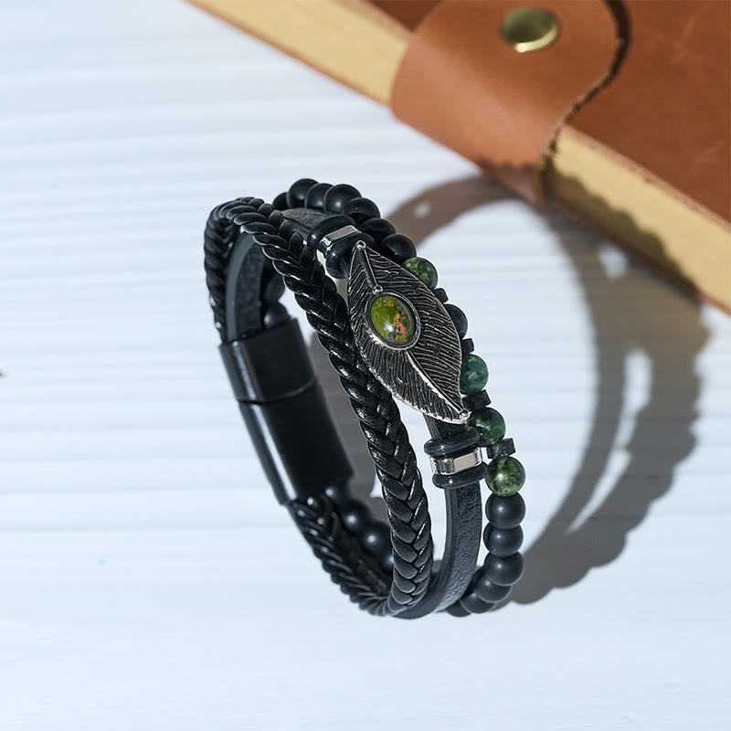 Men's Boho Western Leather Feather Gemstone Magnetic Bracelet - Style#4 - 9.06" / 23cm - image 4