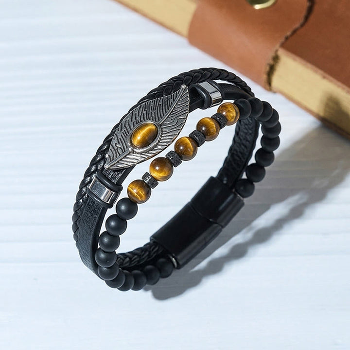 Men's Boho Western Leather Feather Gemstone Magnetic Bracelet - Style#1 - 9.06" / 23cm - image 2