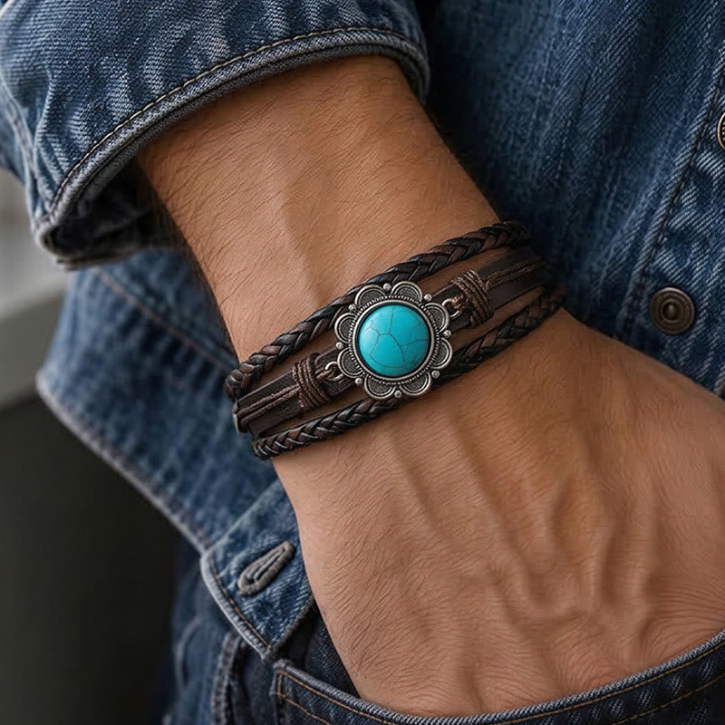 Men's Southwestern Black Leather Turquoise Concho Bracelet - image 1