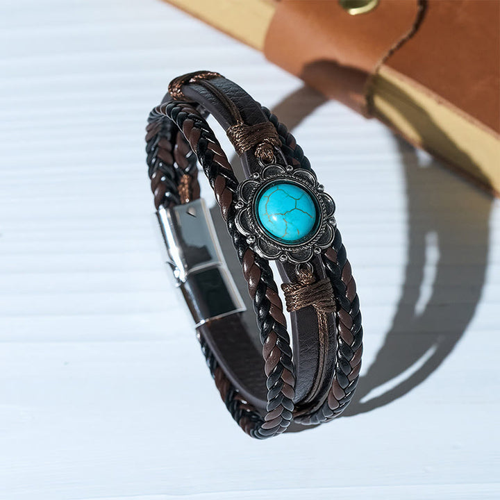 Men's Southwestern Black Leather Turquoise Concho Bracelet - Brown - image 0