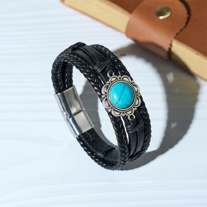 Men's Southwestern Black Leather Turquoise Concho Bracelet - Black - image 3