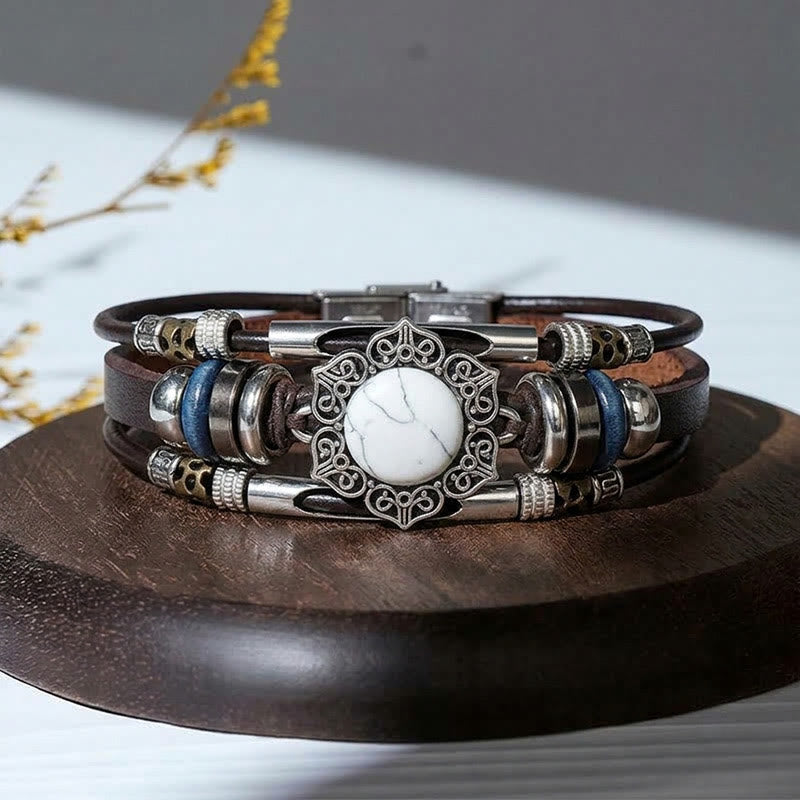 Southwestern Vintage Stainless Steel Leather Natural Oval Stone Bracelet - Style#6 - image 8