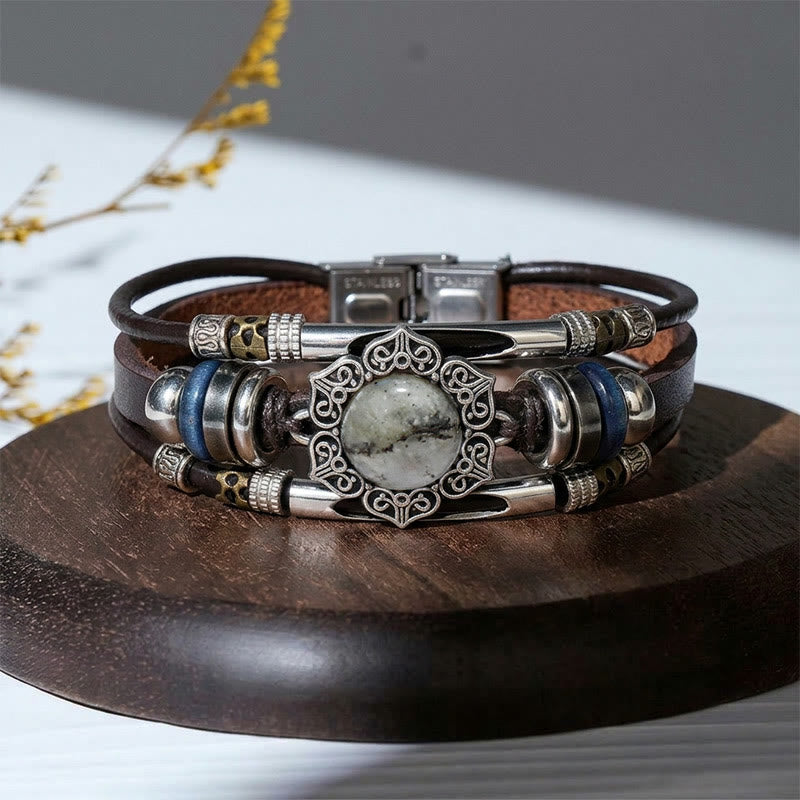Southwestern Vintage Stainless Steel Leather Natural Oval Stone Bracelet - Style#4 - image 7