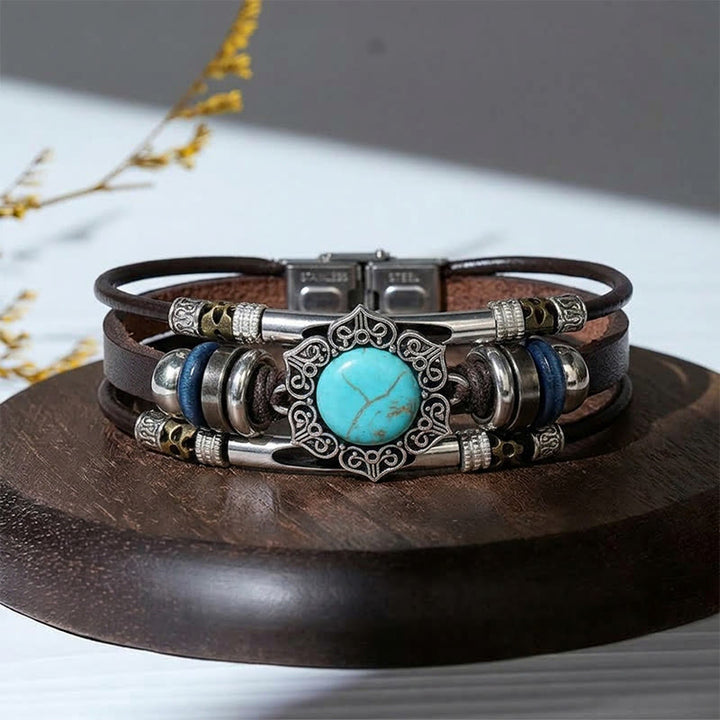 Southwestern Vintage Stainless Steel Leather Natural Oval Stone Bracelet - Style#1 - image 0