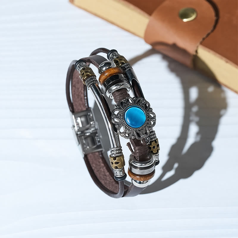 Western Flower Gemstone Multi-layer Leather Stainless Steel Bracelet - image 0