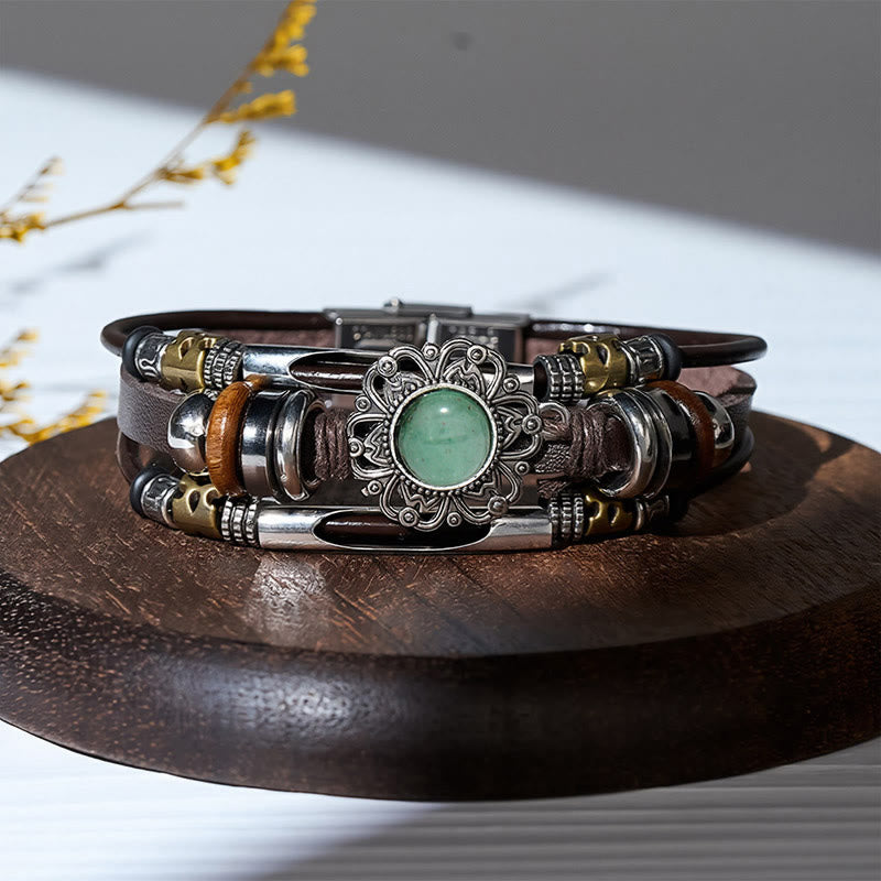 Western Flower Gemstone Multi-layer Leather Stainless Steel Bracelet - Style#6 - image 7