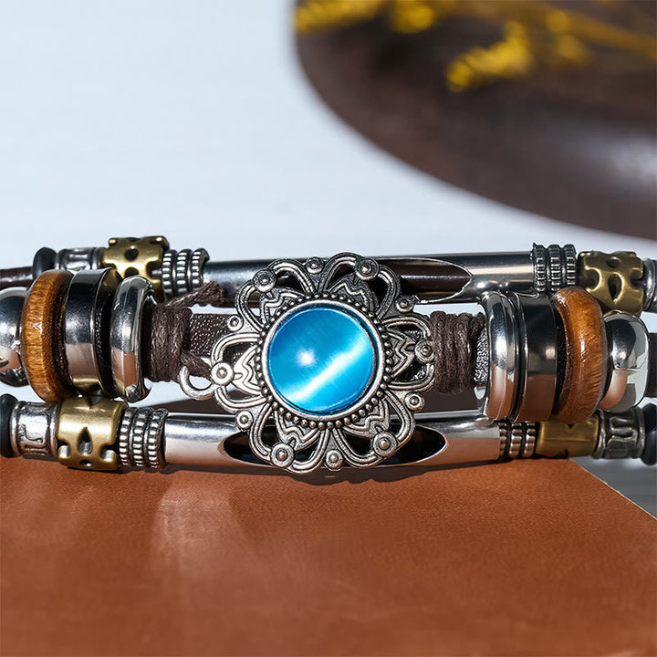 Western Flower Gemstone Multi-layer Leather Stainless Steel Bracelet - image 13