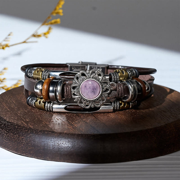 Western Flower Gemstone Multi-layer Leather Stainless Steel Bracelet - Style#5 - image 8