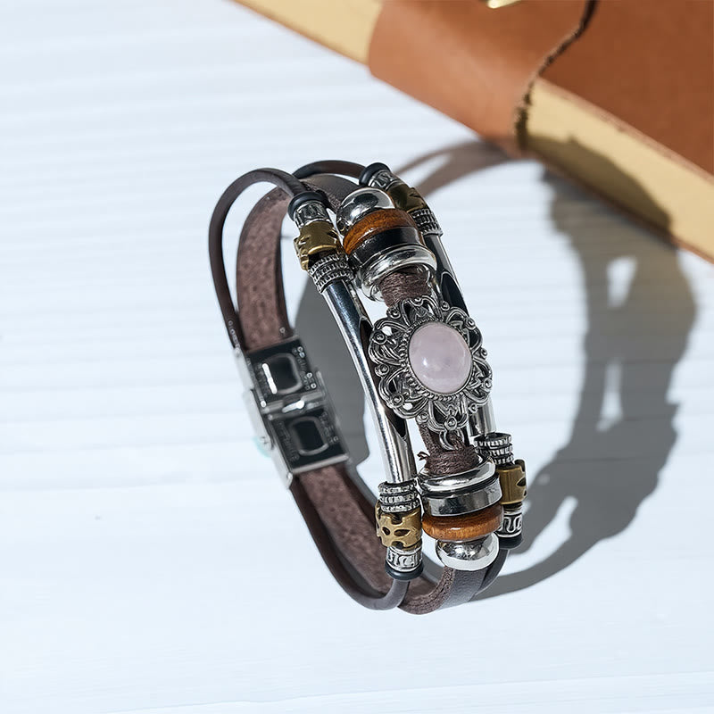 Western Flower Gemstone Multi-layer Leather Stainless Steel Bracelet - image 3