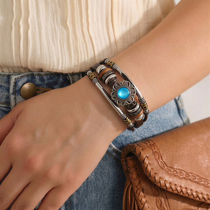 Western Flower Gemstone Multi-layer Leather Stainless Steel Bracelet - image 2