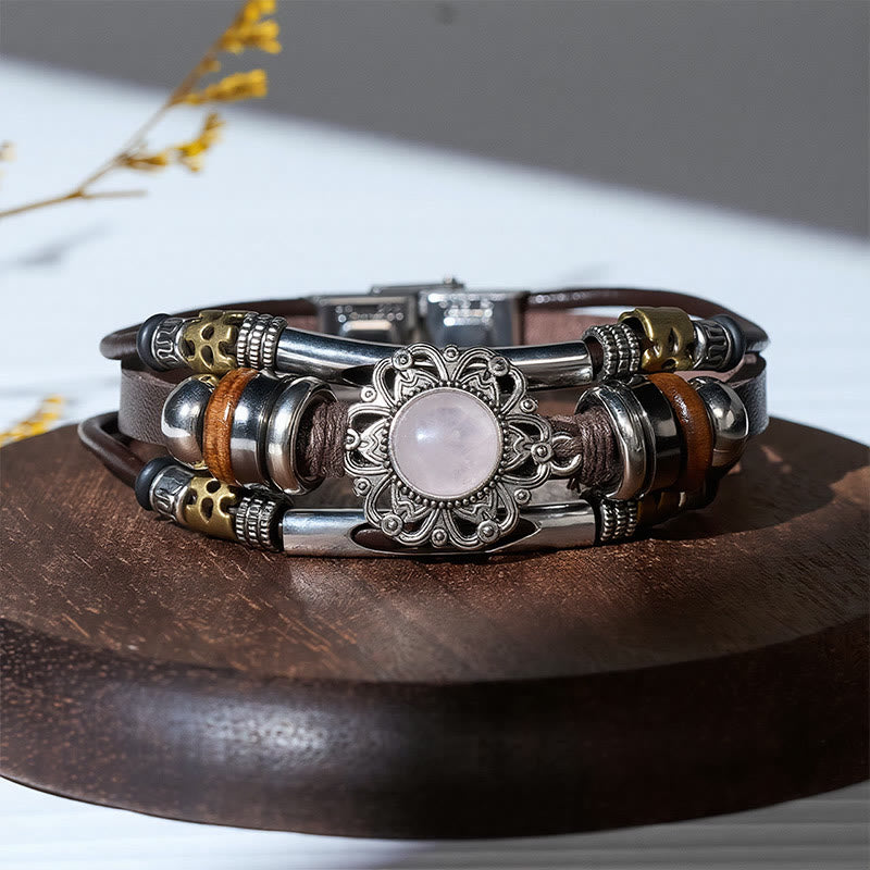 Western Flower Gemstone Multi-layer Leather Stainless Steel Bracelet - image 4