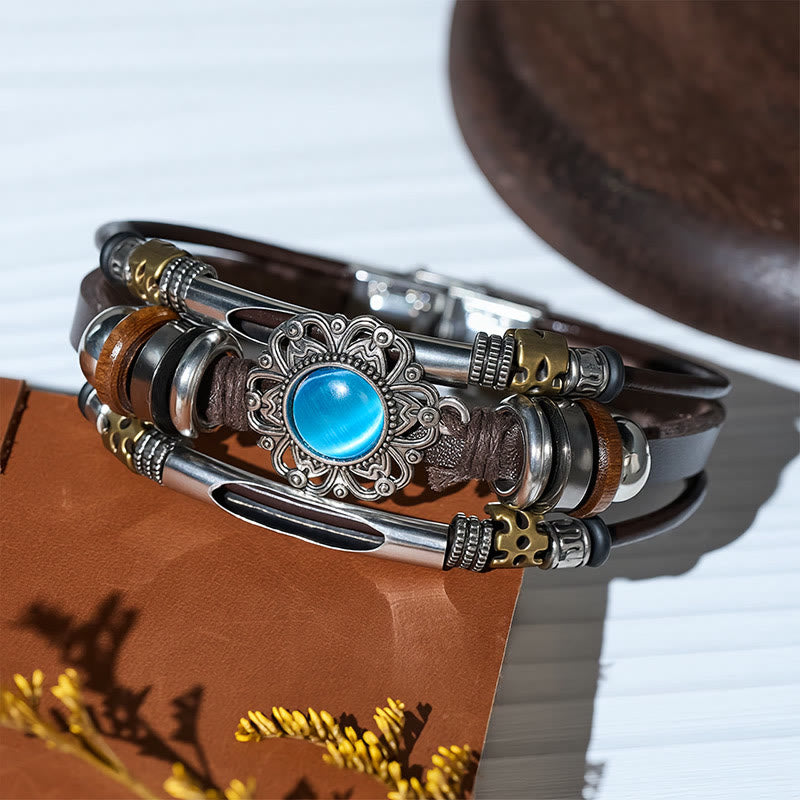 Western Flower Gemstone Multi-layer Leather Stainless Steel Bracelet - image 11