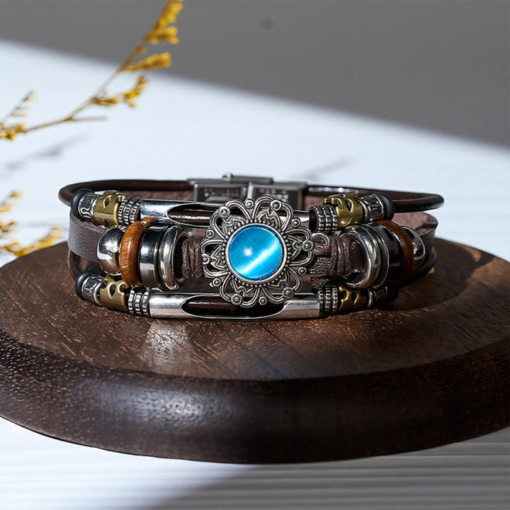 Western Flower Gemstone Multi-layer Leather Stainless Steel Bracelet - Style#1 - image 9