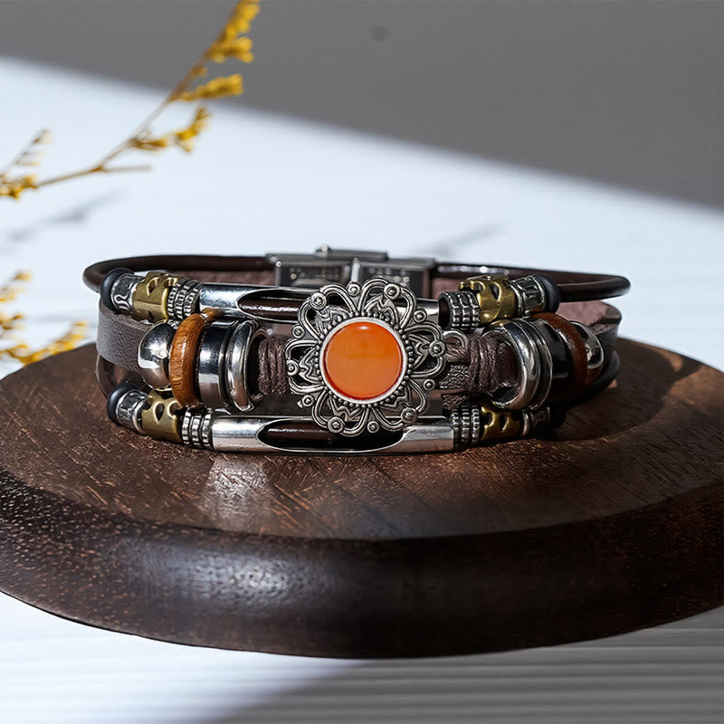 Western Flower Gemstone Multi-layer Leather Stainless Steel Bracelet - Style#4 - image 5