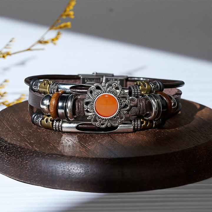 Western Flower Gemstone Multi-layer Leather Stainless Steel Bracelet - Style#4 - image 5