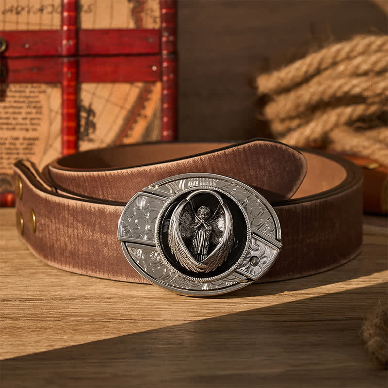 Gothic Praying Guardian Angel DIY Hidden Folding Knife Buckle Leather Belt - Guardian Angel - Brown Distressed Belt - 42 - image 5
