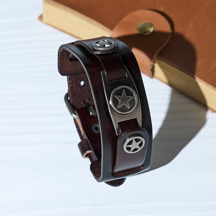 Vintage Star Studded Leather Cuff Bracelet With Pin Clasp - Brown - image 3