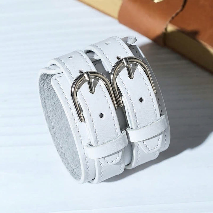 Vintage Double-Strap Top-grain Leather Dual Buckle Wide Cuff - White - image 3
