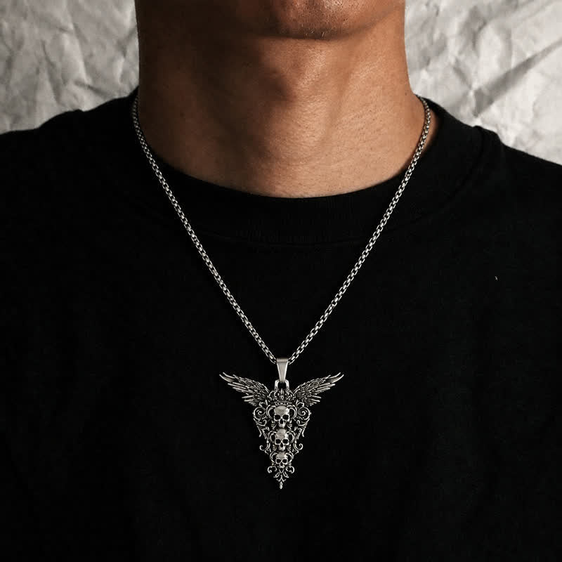 Fallen Angel Triple Skull Heads Gothic Baroque Necklace - image 1