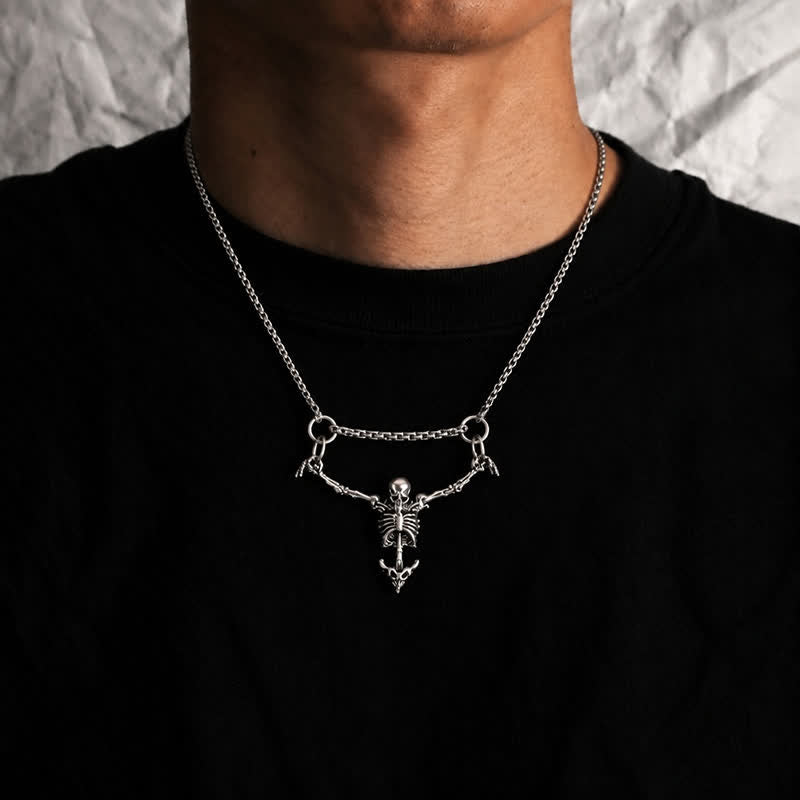 Gothic Vintage Silver Hanging Skeleton Pendant Halloween Necklace - image 1