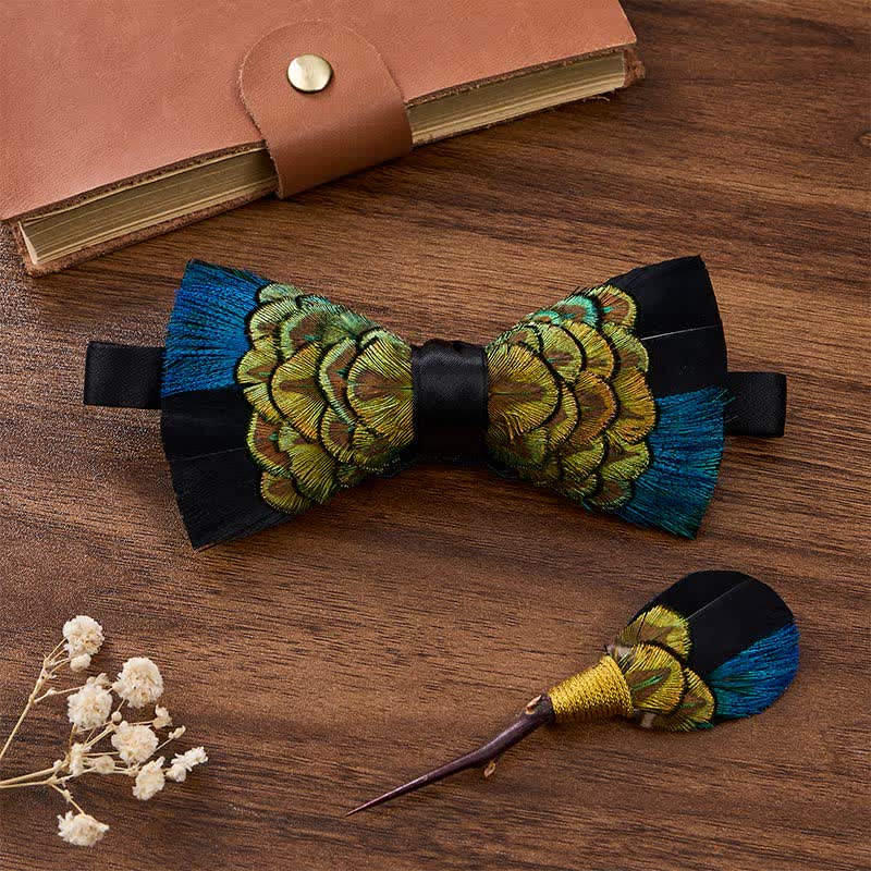 Blue & Black Midnight Peacock Feather Bow Tie with Lapel Pin - Blue & Black - image 2