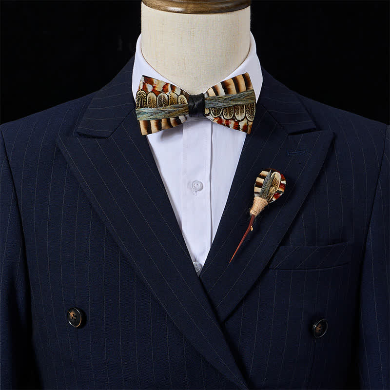 Brown & Ivory Striped Woodland Pheasant Feather Bow Tie with Lapel Pin - image 1