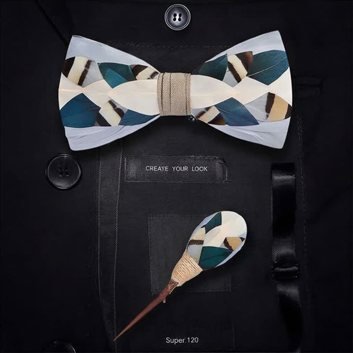 Slate Gray & Teal Coastal Geometric Feather Bow Tie with Lapel Pin - image 5