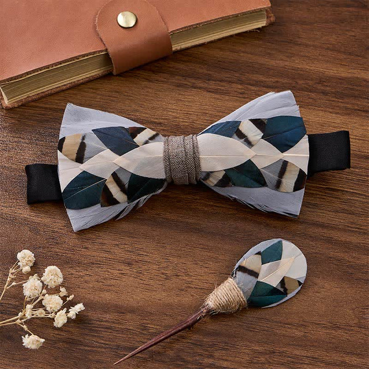Slate Gray & Teal Coastal Geometric Feather Bow Tie with Lapel Pin - Slate Gray & Teal - image 2