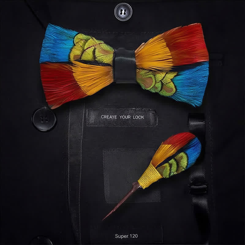 Multicolor Fiesta Carnival Feather Bow Tie with Lapel Pin - image 5