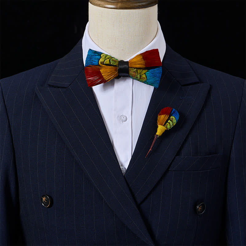 Multicolor Fiesta Carnival Feather Bow Tie with Lapel Pin - image 1