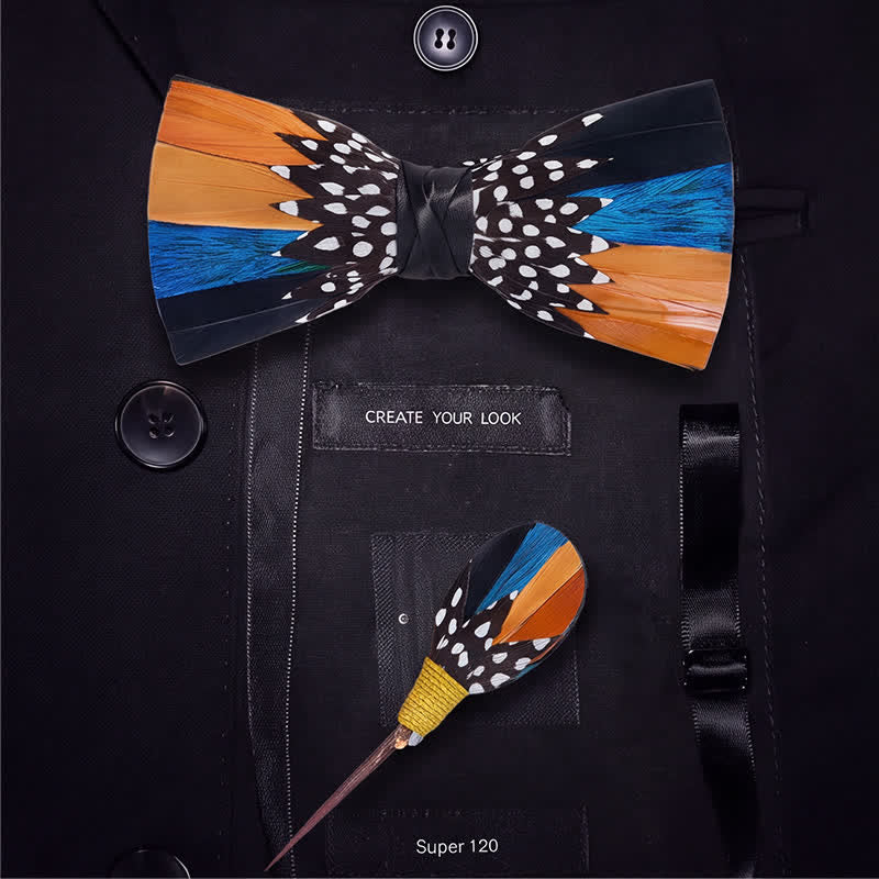 Orange & Blue Savanna Spots Polka Dot Feather Bow Tie with Lapel Pin - image 5