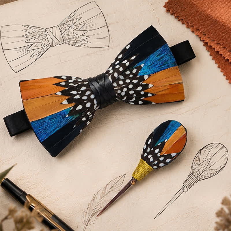 Orange & Blue Savanna Spots Polka Dot Feather Bow Tie with Lapel Pin - image 0